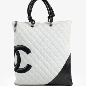 Chanel White & Black Quilted Medium Cambon Tote